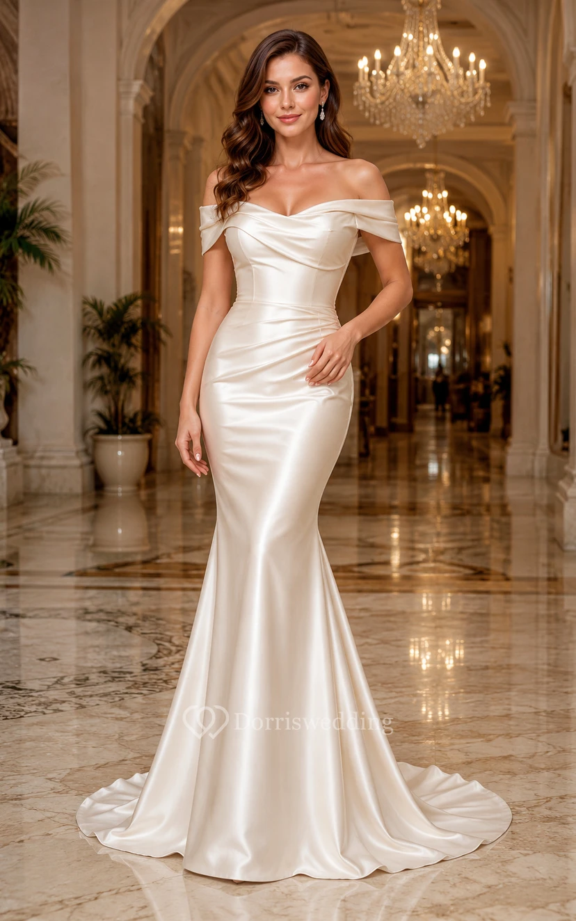 Off-the-Shoulder Satin Mermaid Wedding Dress with Sweetheart Neckline