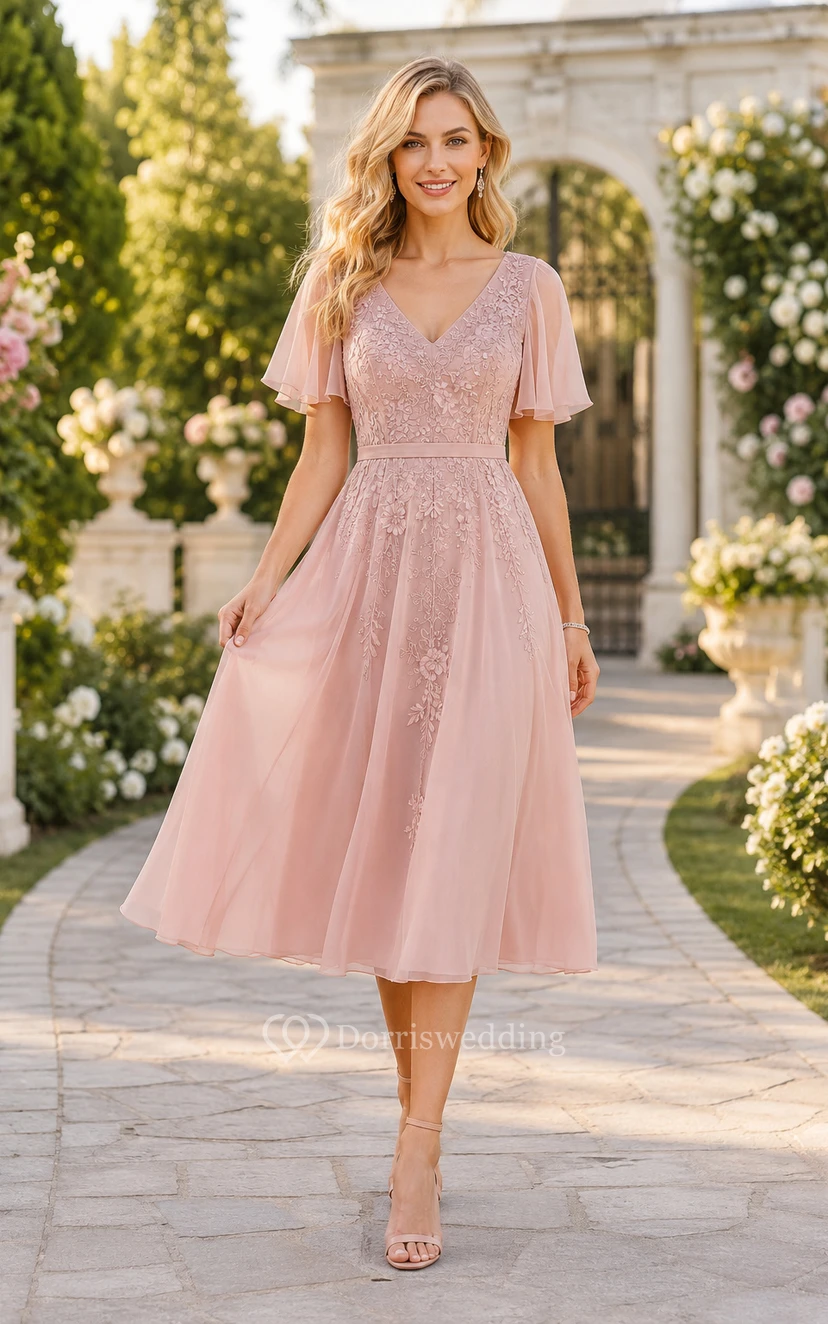Blushing Pink Tea Length A-Line Tulle Guest Dress with Flutter Sleeves for Bridesmaids Wedding Guests and Formal Receptions