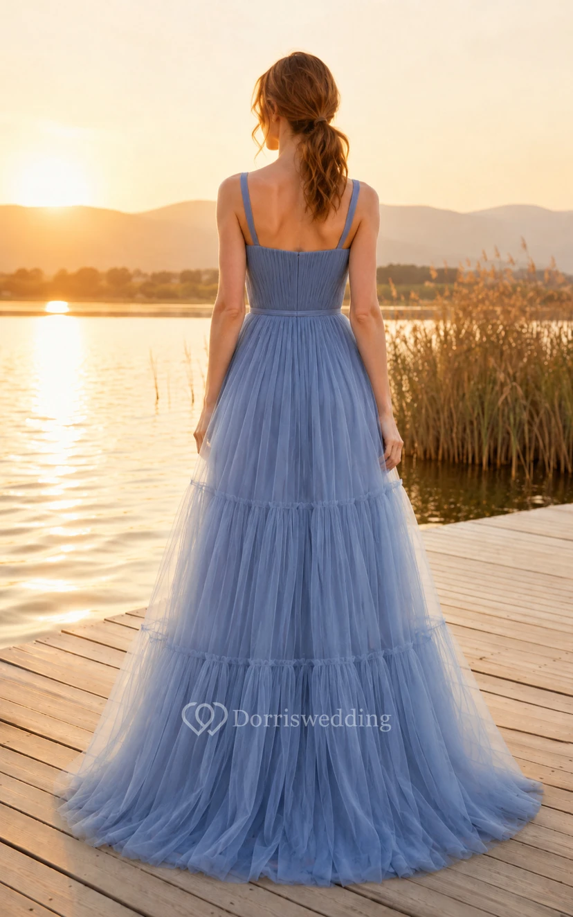 Stahlblaues, elegantes A-Linien-Kleid aus Tüll mit eckigem Ausschnitt und gestuftem Rock view 2