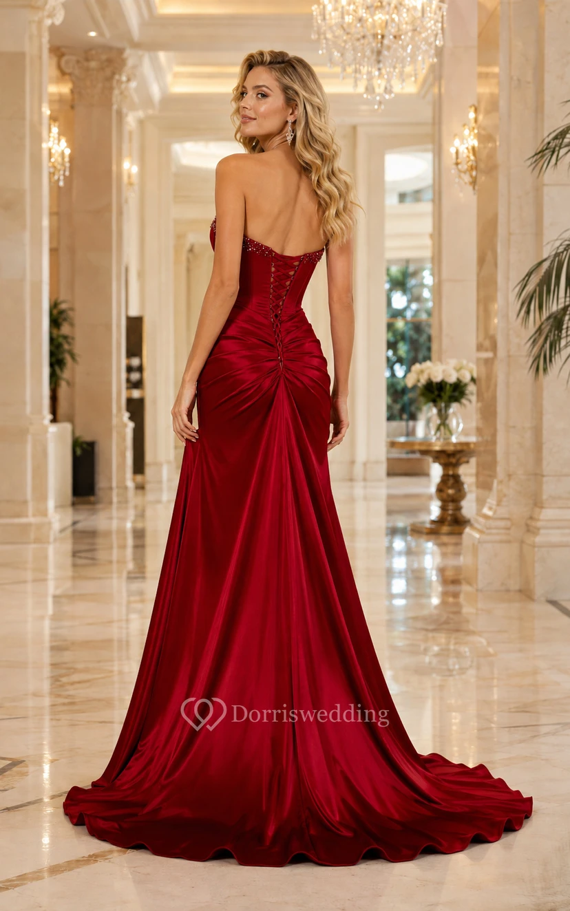 Burgundy Strapless Satin Mermaid Prom Dress with Ruching and High Slit view 2