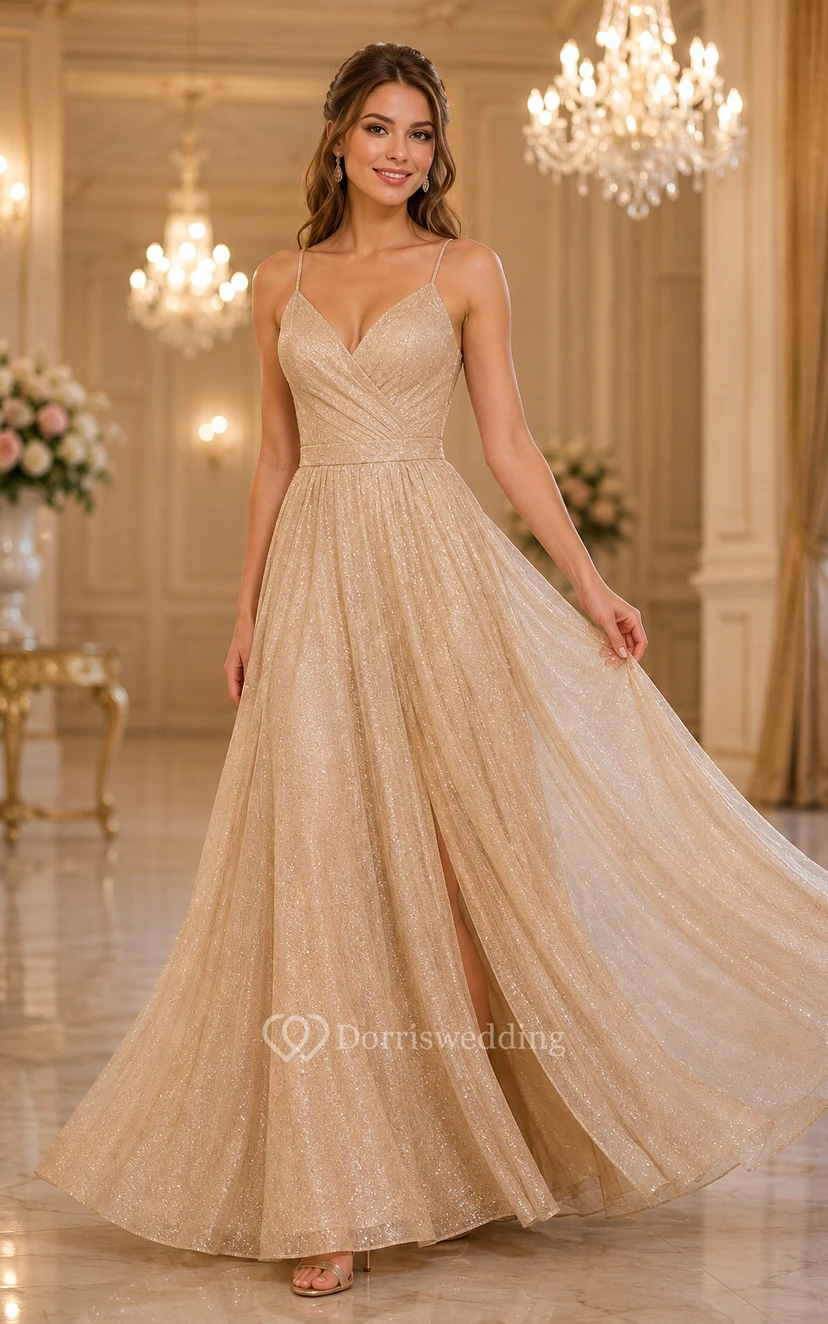 Robe de bal grande taille en tulle champagne pailleté, coupe trapèze, col en V et dos croisé