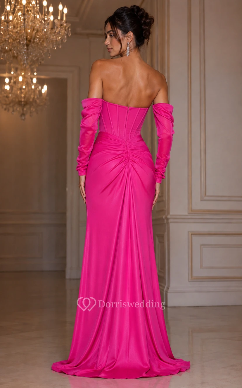 Pinkfarbenes Korsett-Abendkleid mit abnehmbaren Ärmeln und Satinschlitz view 2