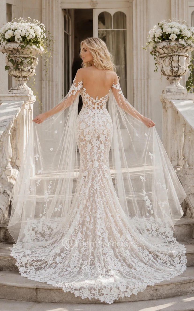 Off-the-Shoulder Lace Mermaid Wedding Dress with Detachable Tulle Cape view 2