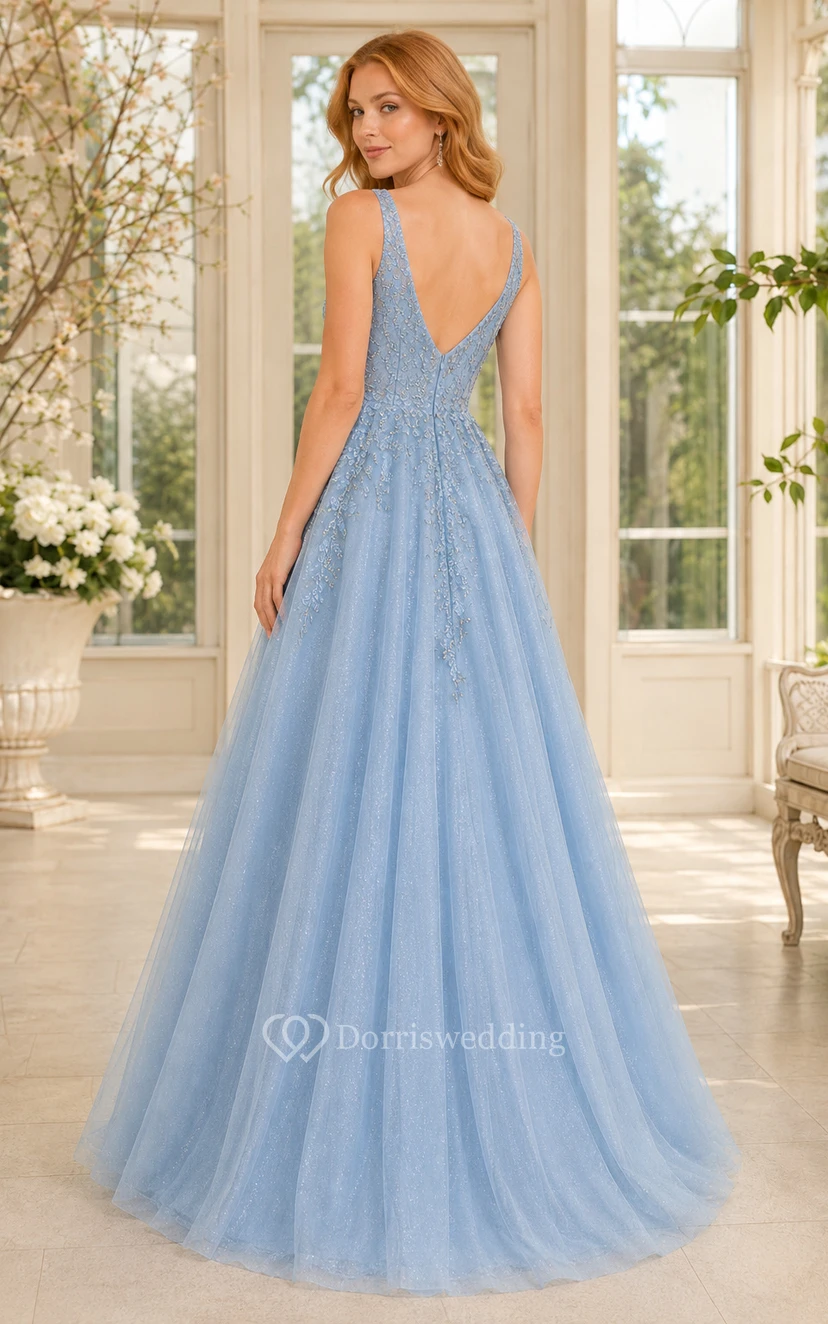 Vestido de fiesta de gala azul cielo con escote en V, tul, apliques de encaje y falda amplia. view 2