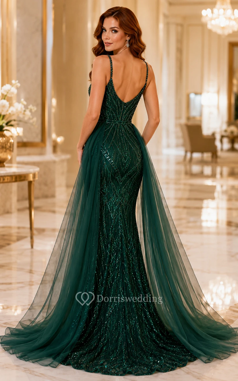 Dunkelgrünes, paillettenbesetztes Meerjungfrauen-Abendkleid mit tiefem V-Ausschnitt und abnehmbarem Tüllüberrock view 2