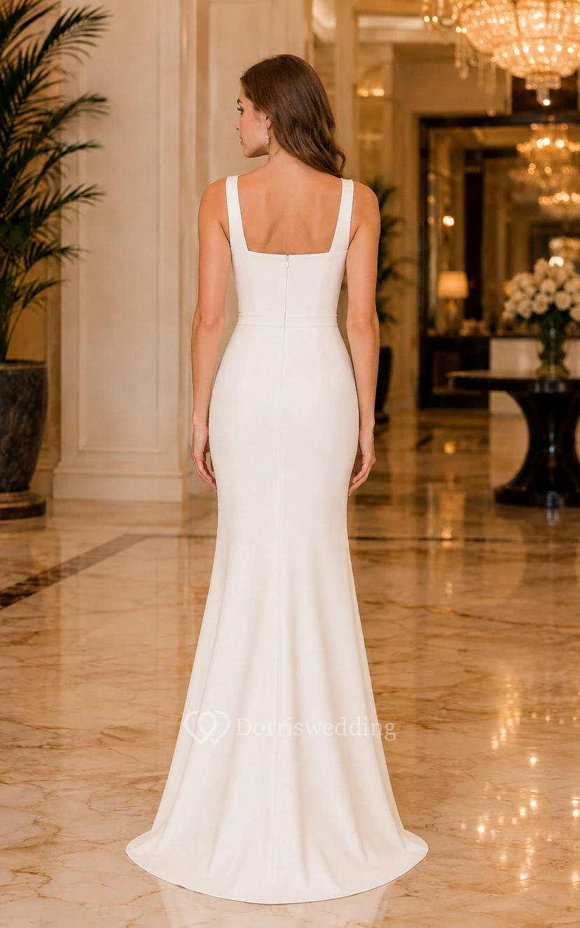 Plus Size White Square Neck Mermaid Wedding Dress with Wide Straps and Simple Floor-Length Skirt view 2