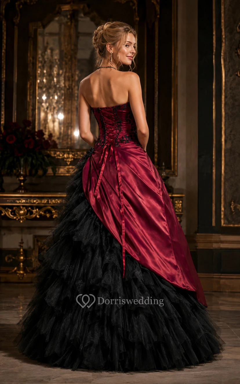 Ballkleid, Teelänge, schulterfrei, mit asymmetrischem Träger, Applikationen, Schnürung am Rücken, Chiffon, Tüll, Spitze, Pailletten, Satin view 2