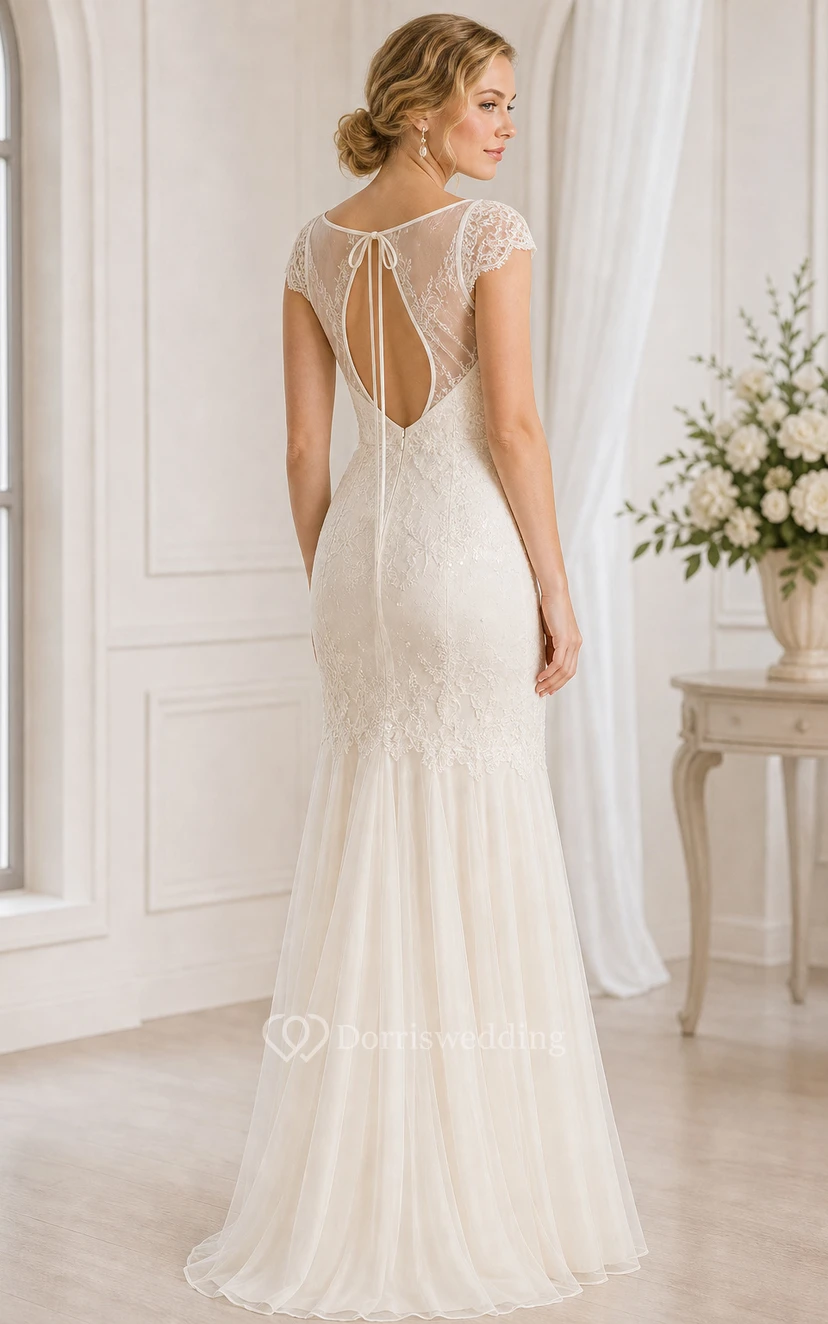 Scoop Maxi Cap-Sleeve Lace Wedding Dress With Illusion view 2