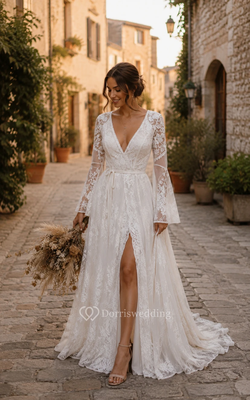 Boho Bell Loneg-sleeve Country Wedding Dress | Vintage Lace Hippie Bridal Gown with Sleeeves view 10