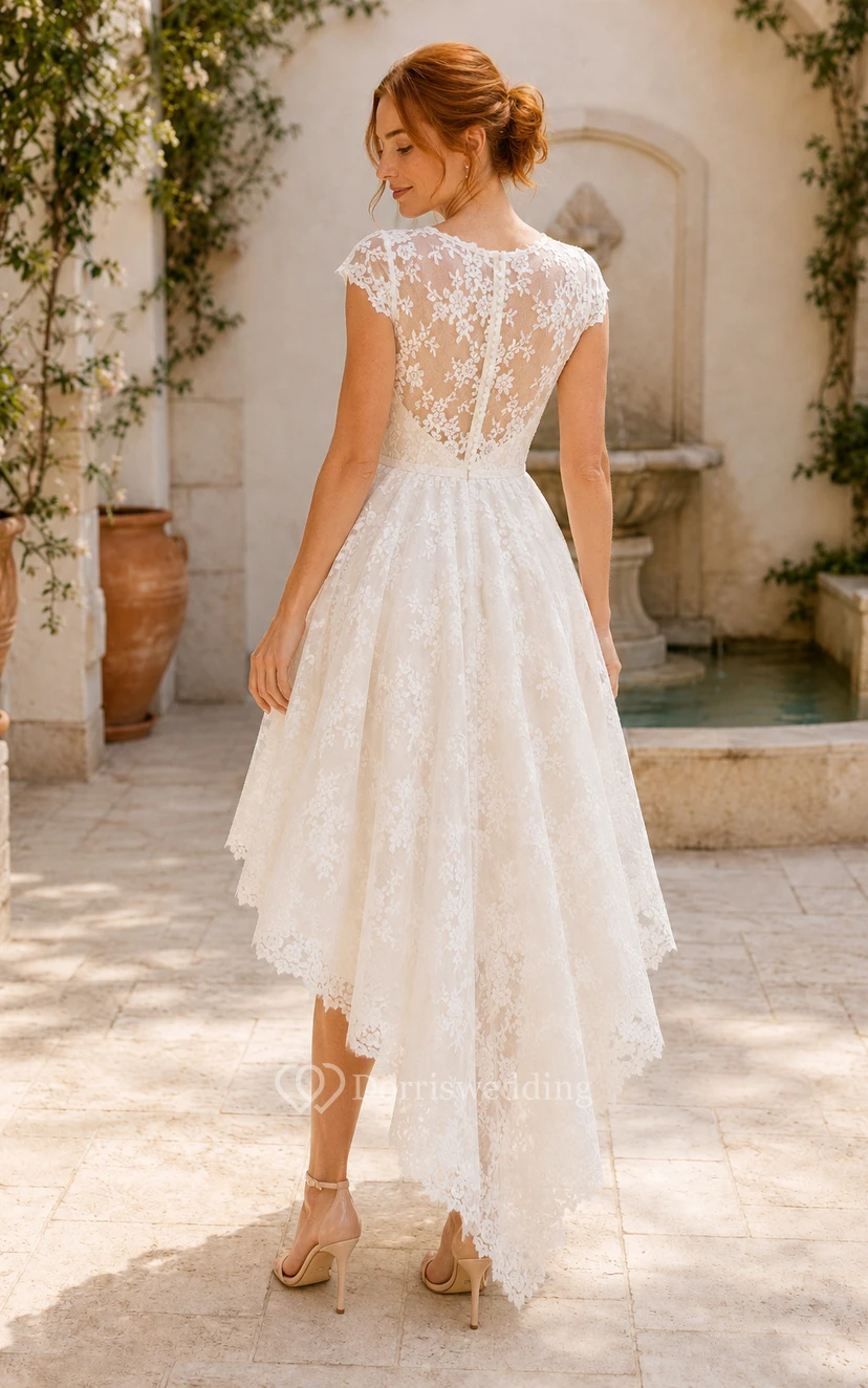 V-Neck Lace High-Low Tea-Length Wedding Dress with Tulle Skirt view 2