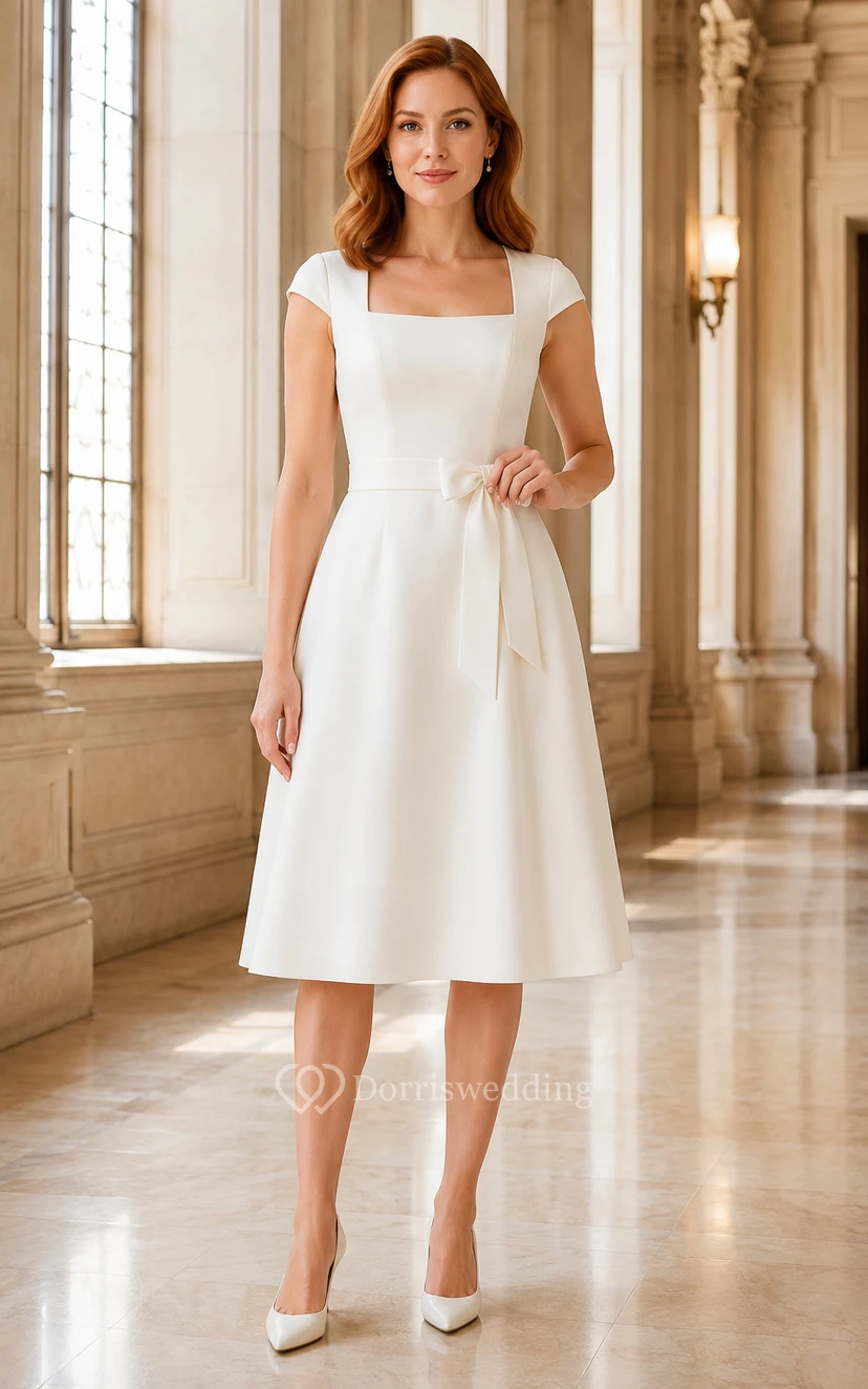 Robe de mariée en satin à encolure carrée, longueur thé, jupe trapèze épurée