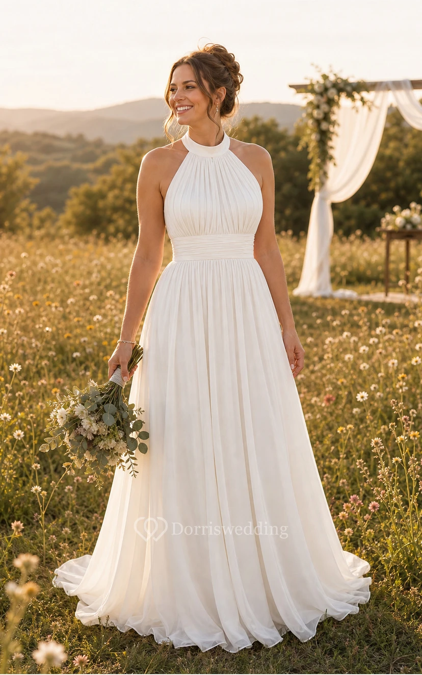 White Halter A-Line Wedding Dress view 9