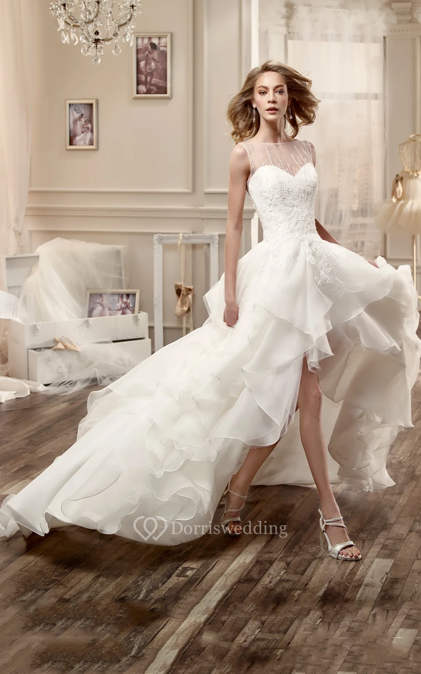 Jewel-Neck High-Low Wedding Dress With Cascading Ruffles And