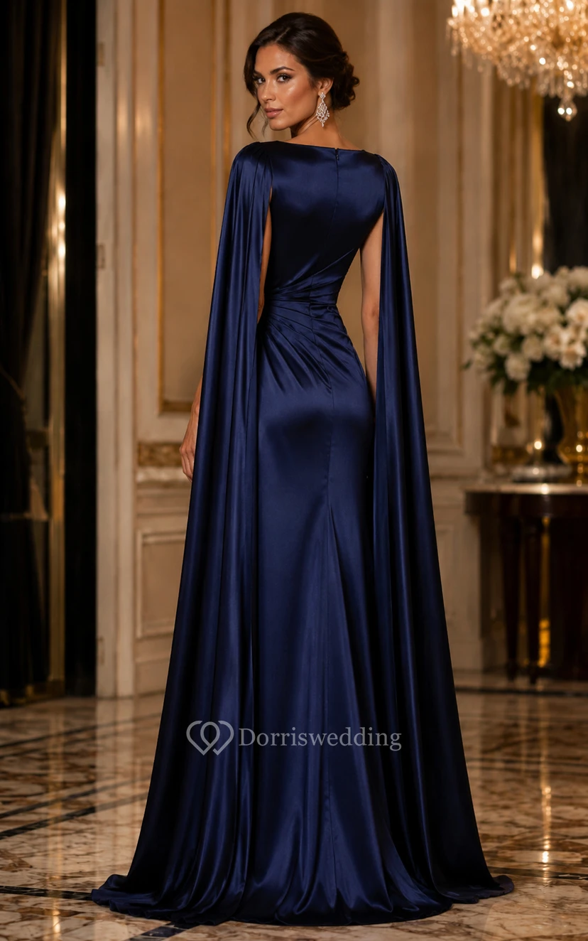 Marineblaues Satin-Abendkleid mit Cape-Ärmeln und U-Boot-Ausschnitt view 2
