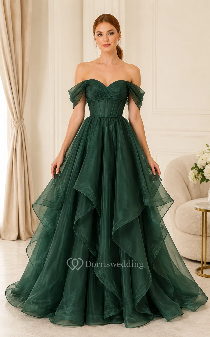 Robe de bal grande taille vert foncé en organza, épaules dénudées et corsage corset