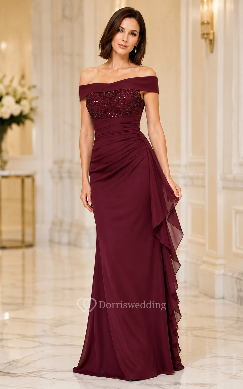 Burgunderfarbenes schulterfreies Chiffonkleid mit Paillettenoberteil für Mütter und festliche Anlässe