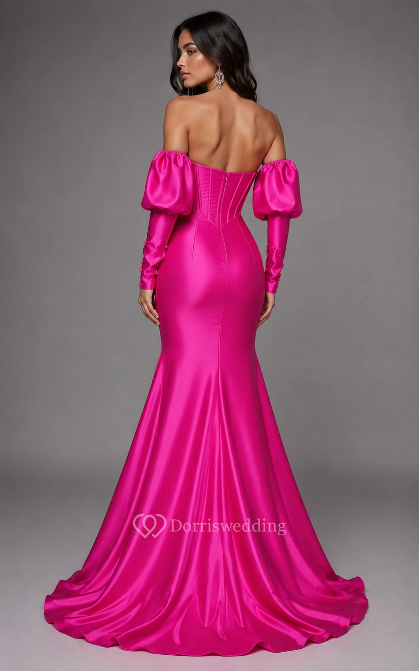 Hot Pink Corset Prom Dress with Detachable Sleeves Mermaid Gown view 2