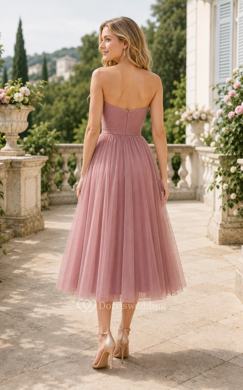 Plus Size Dusty Rose Tea-Length Tulle Homecoming Dress with Strapless Sweetheart Bodice view 2