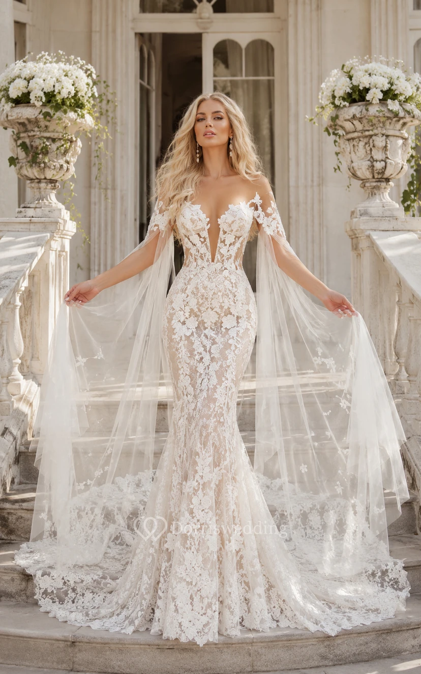 Off-the-Shoulder Lace Mermaid Wedding Dress with Detachable Tulle Cape