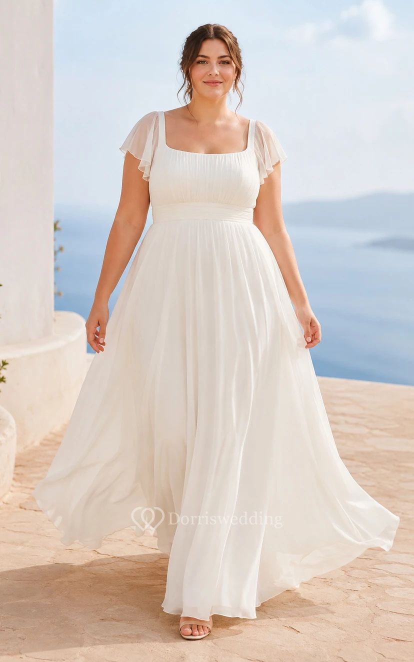 Vestido de novia de talla grande color marfil con escote cuadrado, corte en A, tul y mangas cortas transparentes.