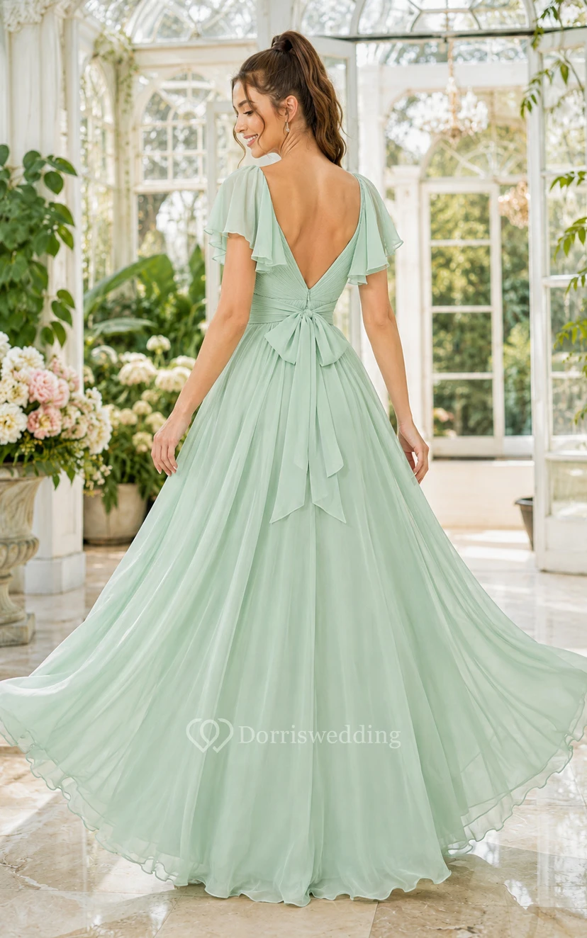 Mint Green Chiffon A-Line Bridesmaid Dress with V-Neck, Flutter Sleeves and Bow Back view 2