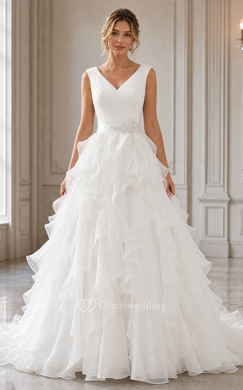 A-Line Cap-Sleeve Long V-Neck Ruched Organza Wedding Dress With Ruffles And Tiers