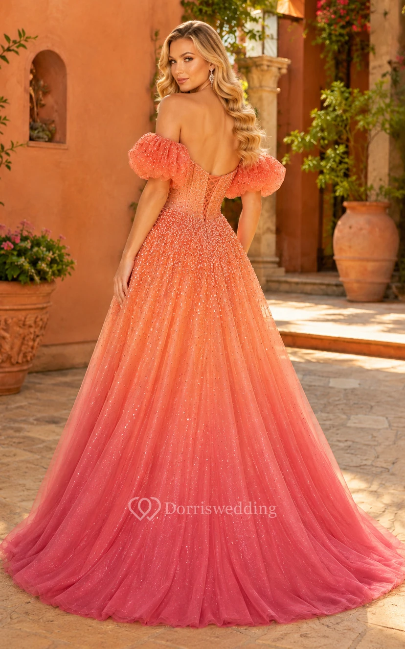 Vestido de fiesta de gala color coral con escote Bardot, lentejuelas, mangas abullonadas y falda de tul. view 2