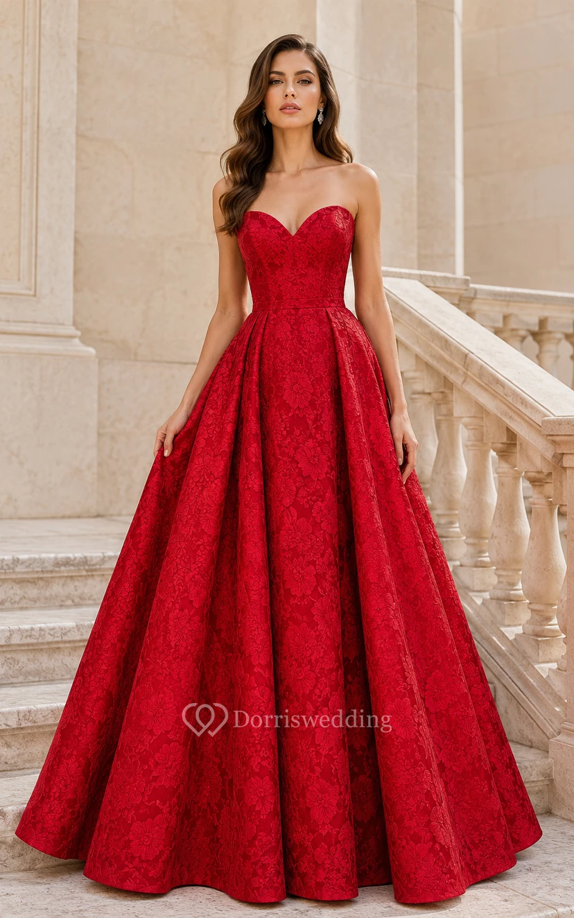 Red Strapless Satin Ball Gown with Sweetheart Neckline and Full Floor Skirt