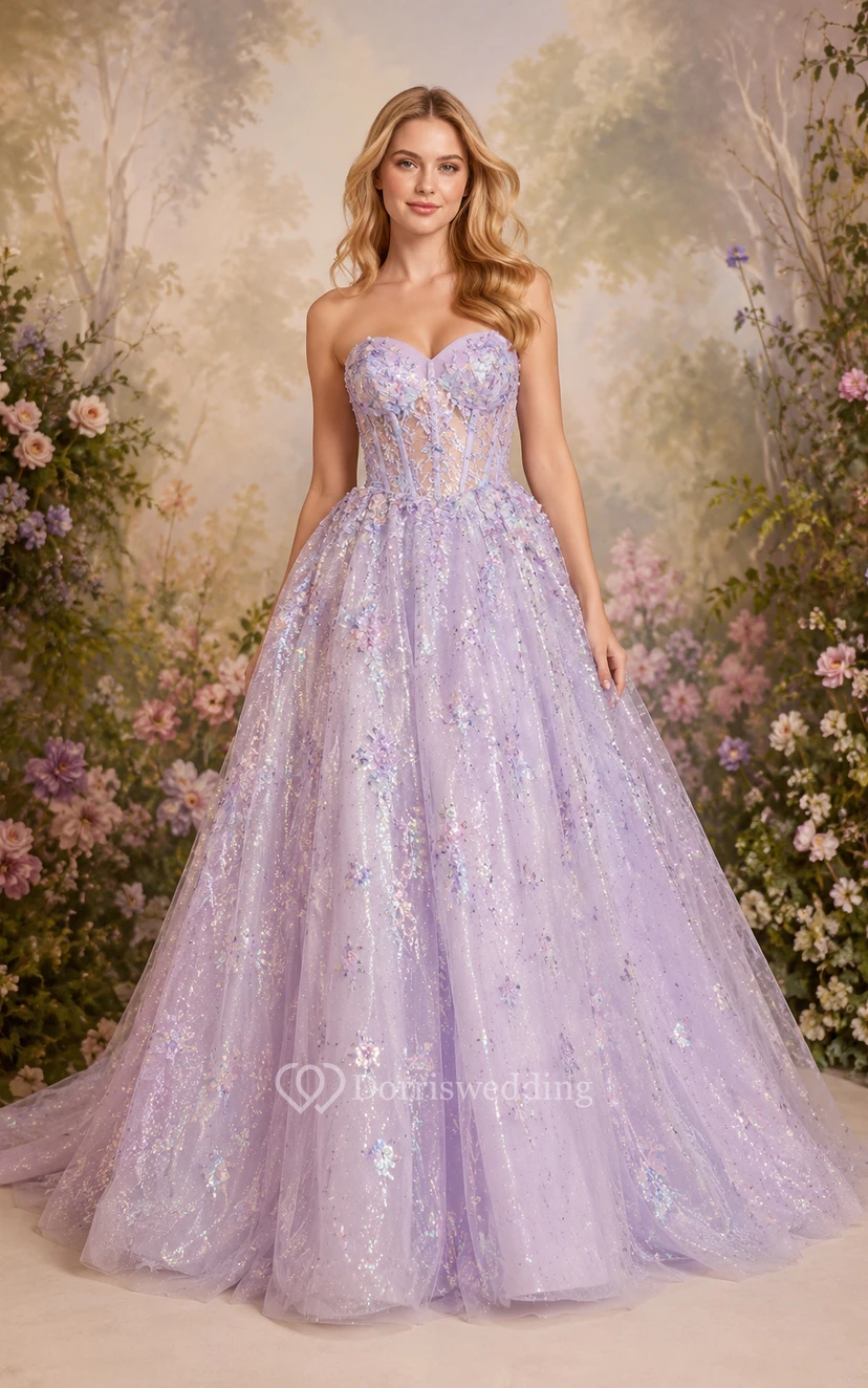 Vestido de fiesta de gala color lavanda sin tirantes, de tul brillante con falda de apliques florales.