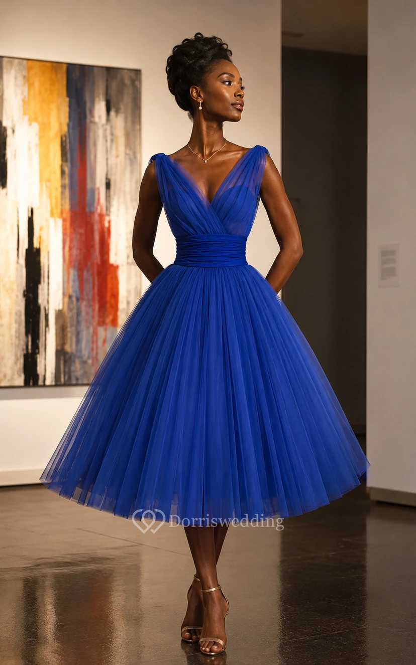 Ärmelloses Empire-Chiffonkleid mit V-Ausschnitt, geraffter Taille und Falten view 5