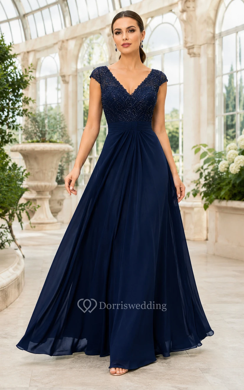 Dunkelblaues Brautmutterkleid mit V-Ausschnitt, Spitzenoberteil, Chiffon-A-Linie und kurzen Ärmeln