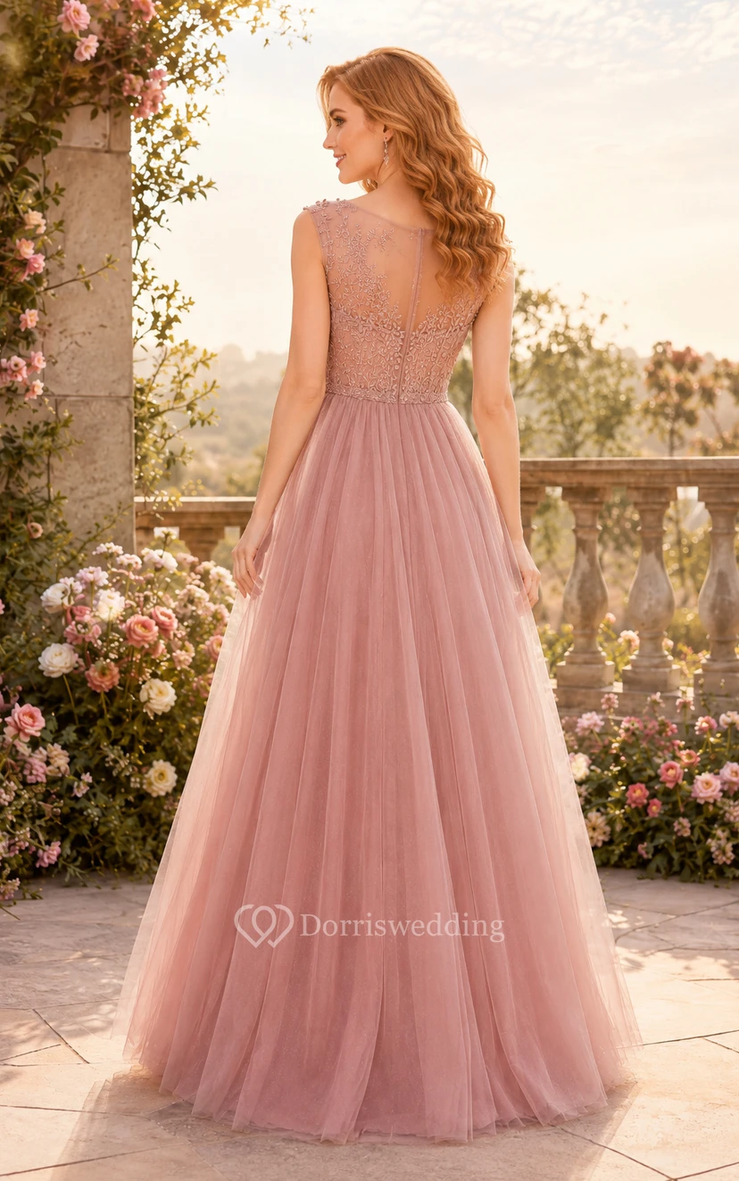 Vestido de fiesta de corte A con apliques de encaje rosa empolvado y tul, con corpiño transparente. view 2