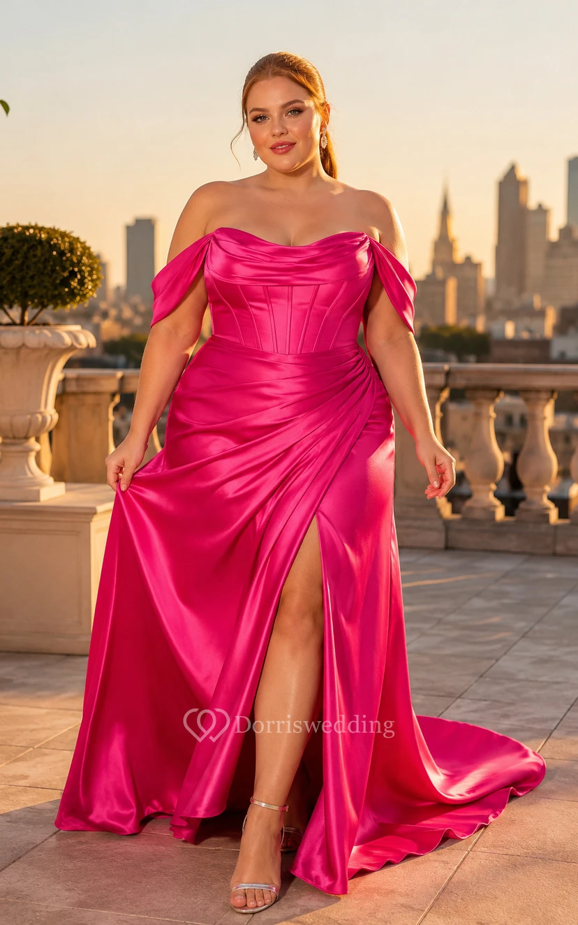 Vestido formal de satén fucsia de talla grande con escote Bardot y corte en A, con abertura, ideal para fiestas de graduación y recepciones formales.