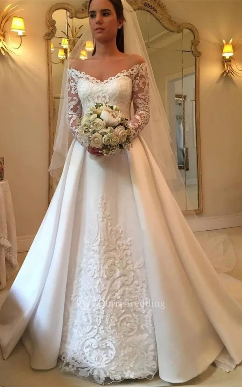 Modern A Line Satin Off-the-shoulder Long Sleeve Wedding Dress with  Appliques | Dorris Wedding