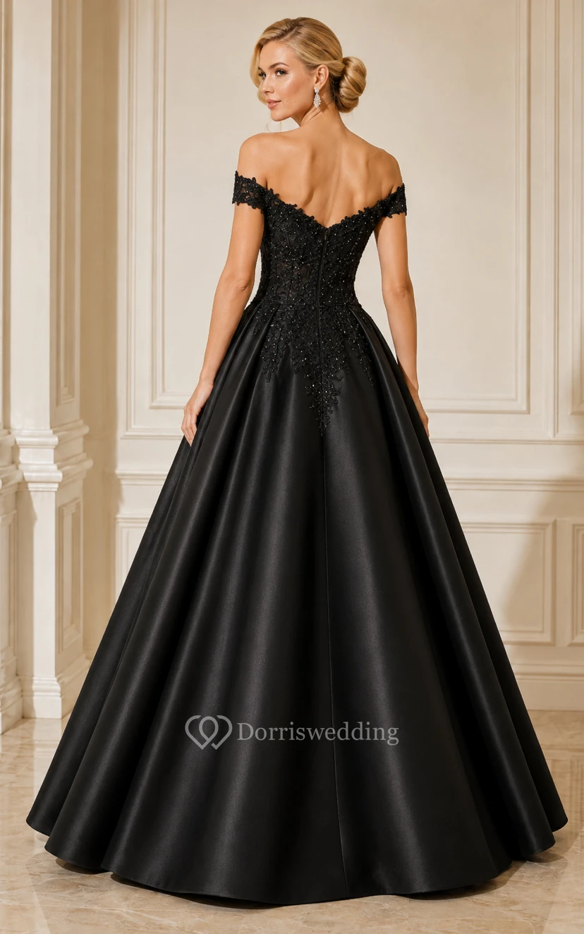 Black Off-the-Shoulder Satin Ball Gown with Lace Trim and Full Skirt view 2
