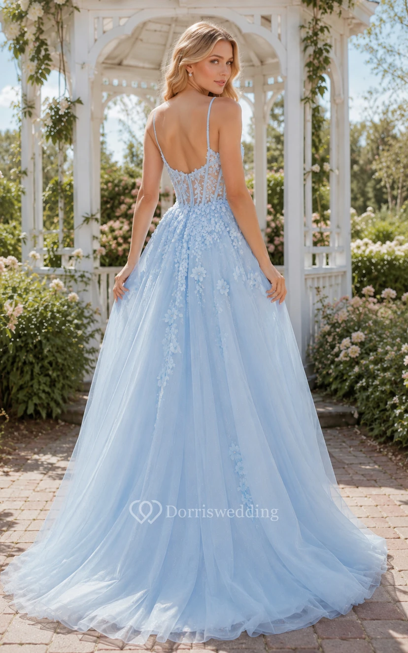 Sky Blue Spaghetti Strap Tulle A-Line Prom Dress with Floral Appliques for Prom Evening and Formal Reception Events view 2