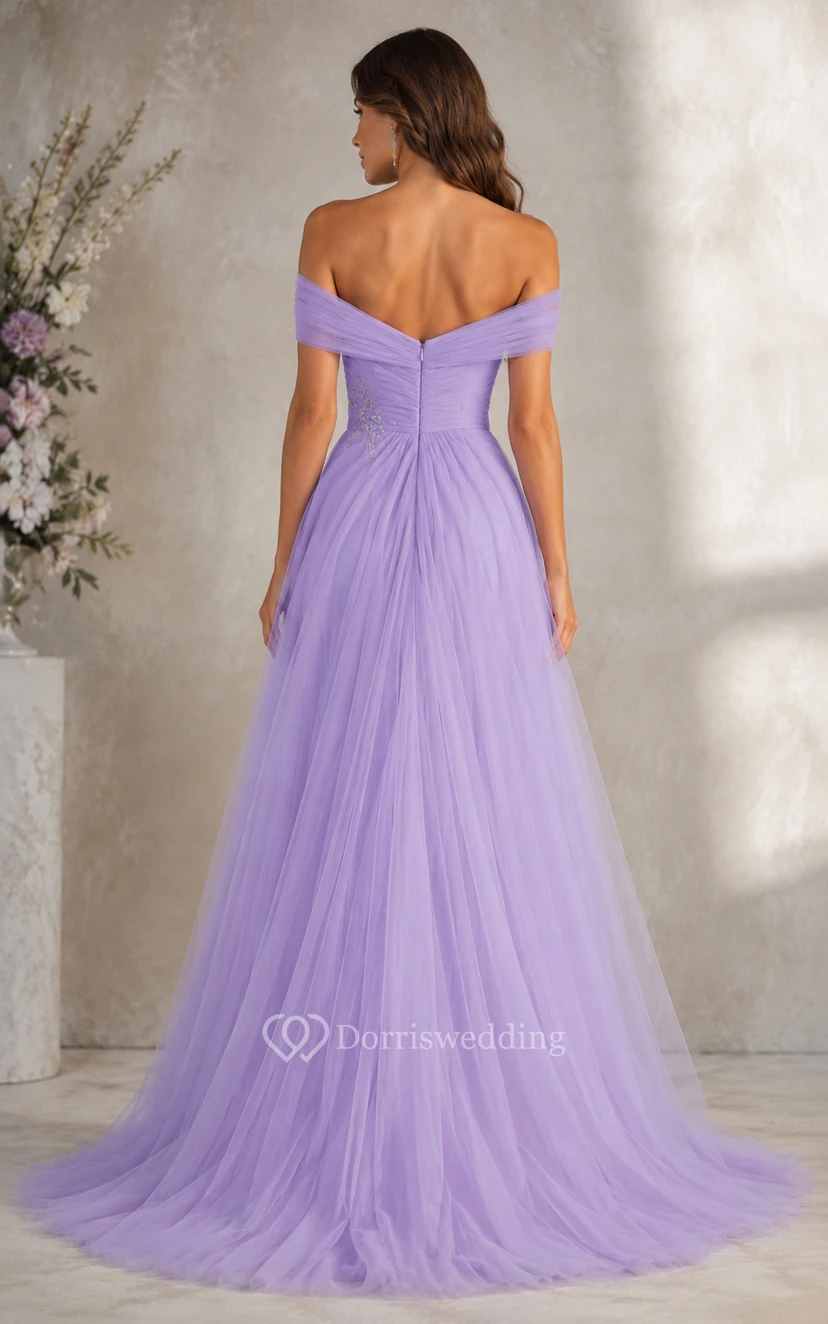 Lilac Off Shoulder Prom Gown with Flowing Tulle Skirt and Beaded Waist Detail view 2