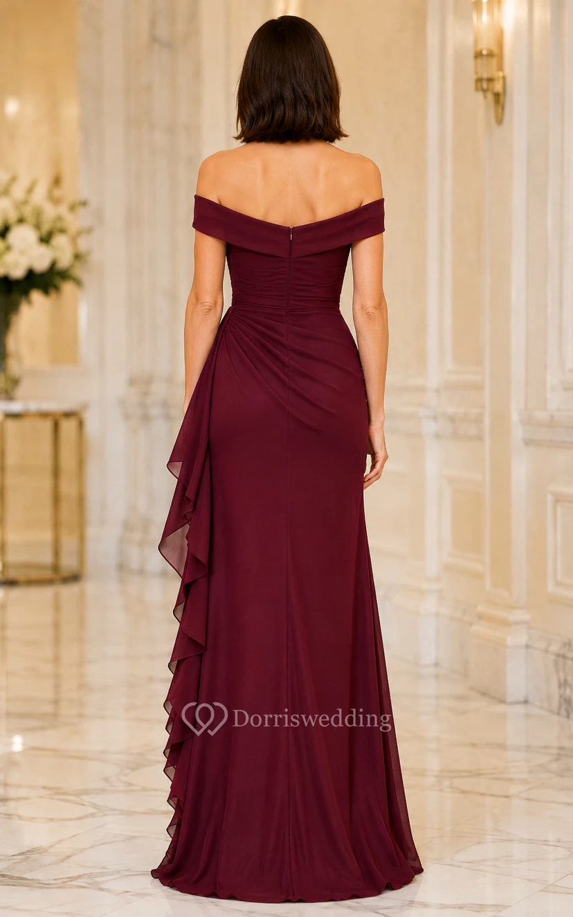 Burgunderfarbenes schulterfreies Chiffonkleid mit Paillettenoberteil für Mütter und festliche Anlässe view 2