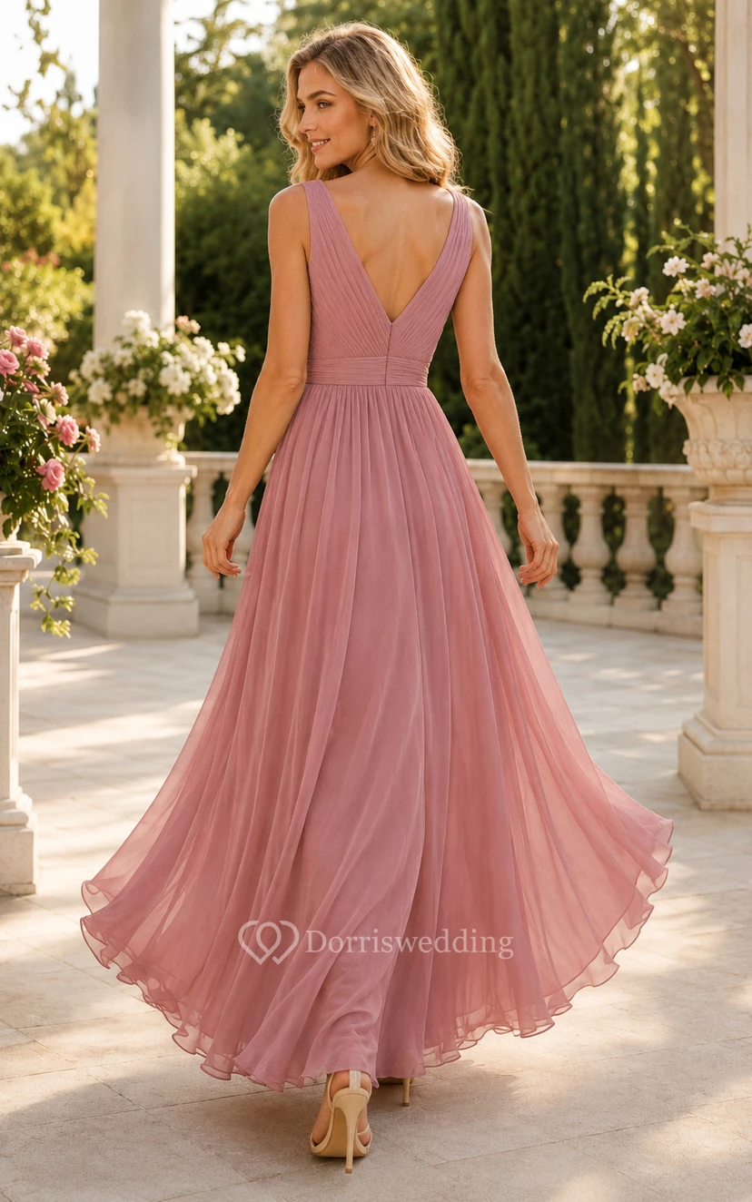 Dusty Rose V-Neck Chiffon High-Low A-Line Bridesmaid Dress with Pleated Bodice for Garden Wedding view 2