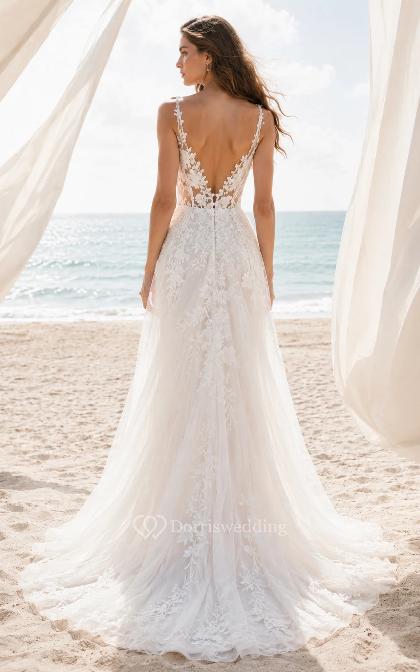 Robe de mariée de plage en dentelle, coupe trapèze, col en V et jupe en tulle view 2