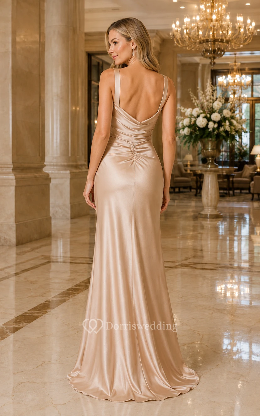 Champagne Cowl Neck Satin Sheath Bridesmaid Dress with Spaghetti Straps and Ruched Bodice view 2