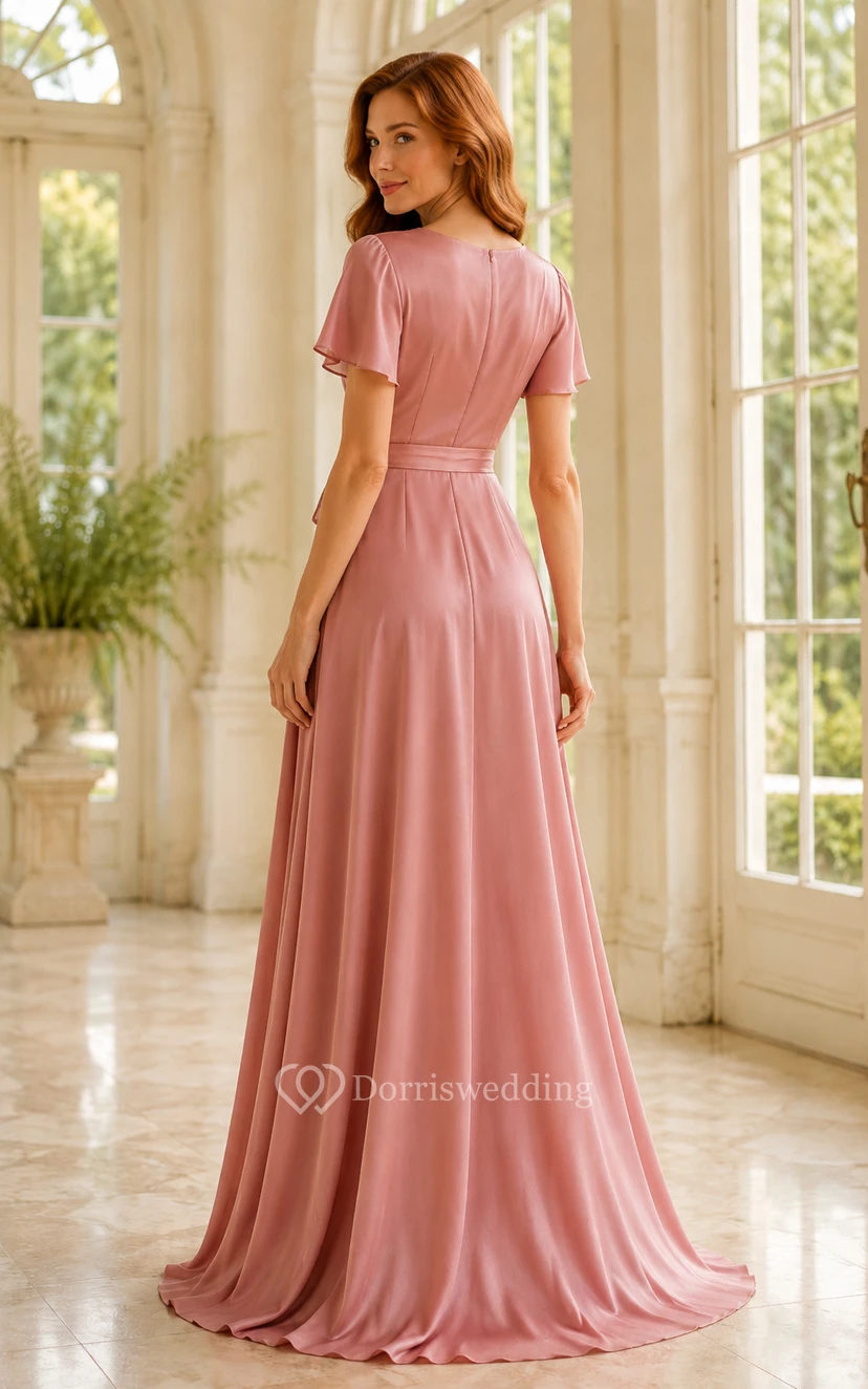Vestido de dama de honor de satén rosa empolvado de manga corta, corte en A, con escote en V y fajín en la cintura. view 2