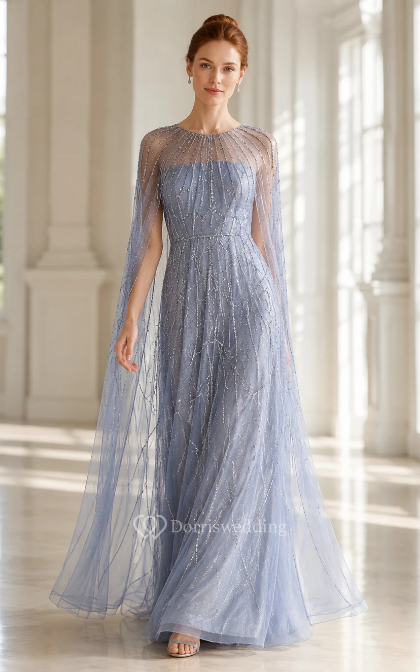 Steel Blue Illusion Cape Tulle A-Line Gown Linear Beaded Overlay for Evening and Formal Events