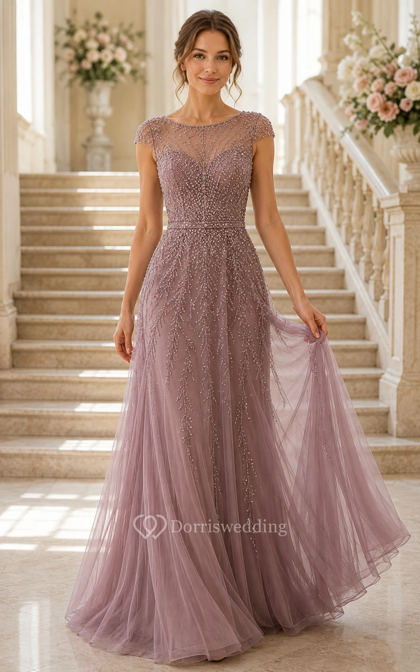 Robe de mariée mauve à manches courtes illusion en tulle perlé, coupe trapèze, avec traîne.