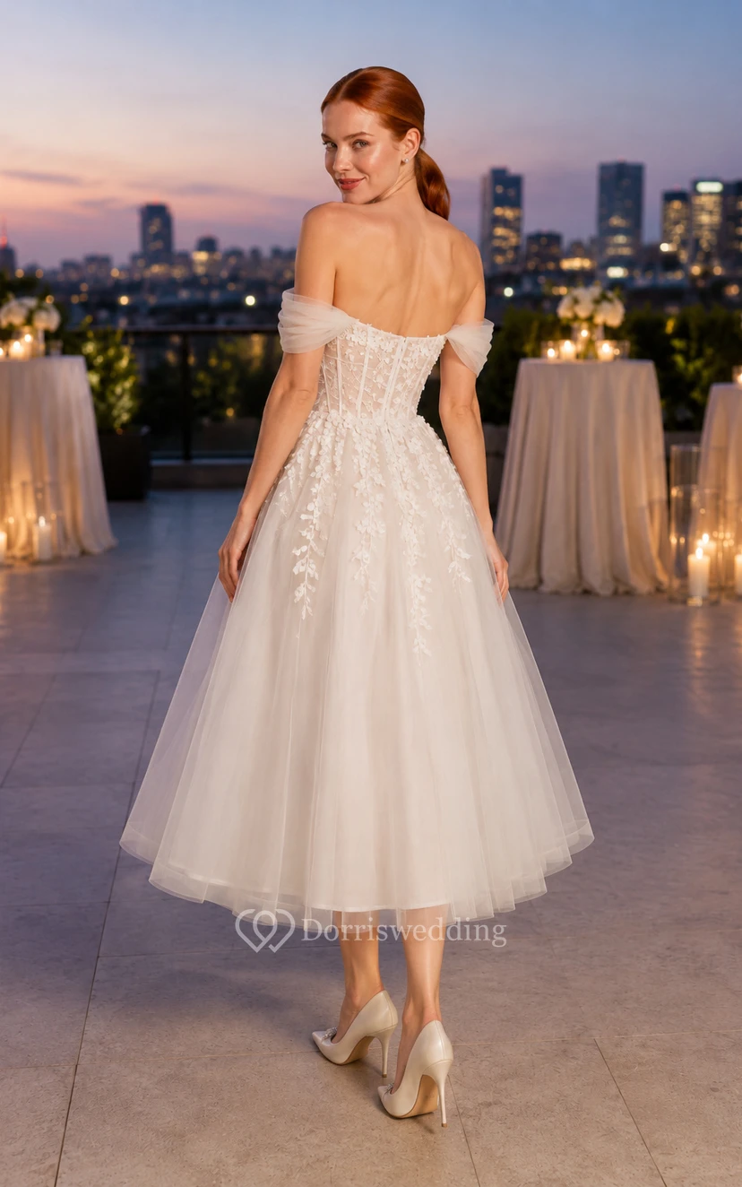 Off-the-Shoulder Lace Tea-Length Wedding Dress with Tulle Skirt view 2