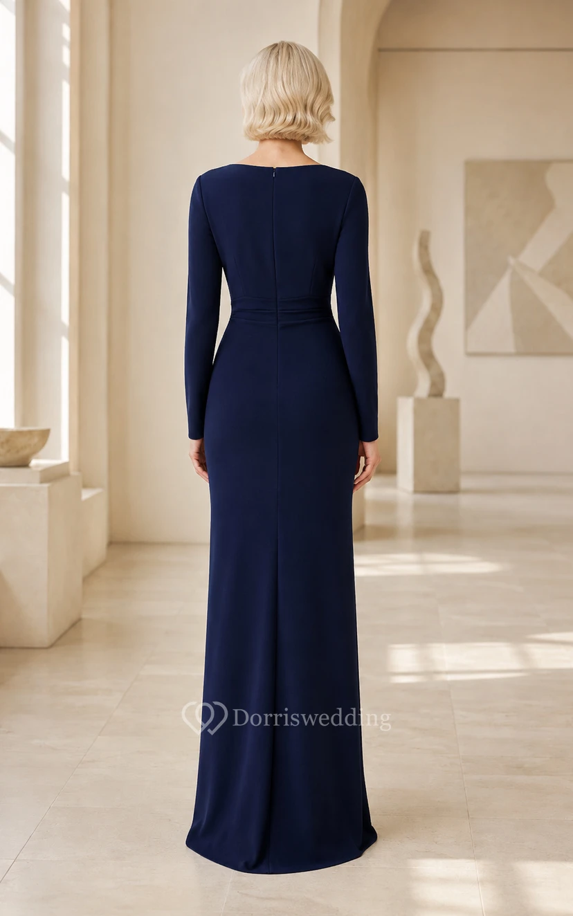 Dark Navy Long Sleeve Bateau Neck Sheath Mother of the Bride Dress with Simple Floor-Length Skirt view 2