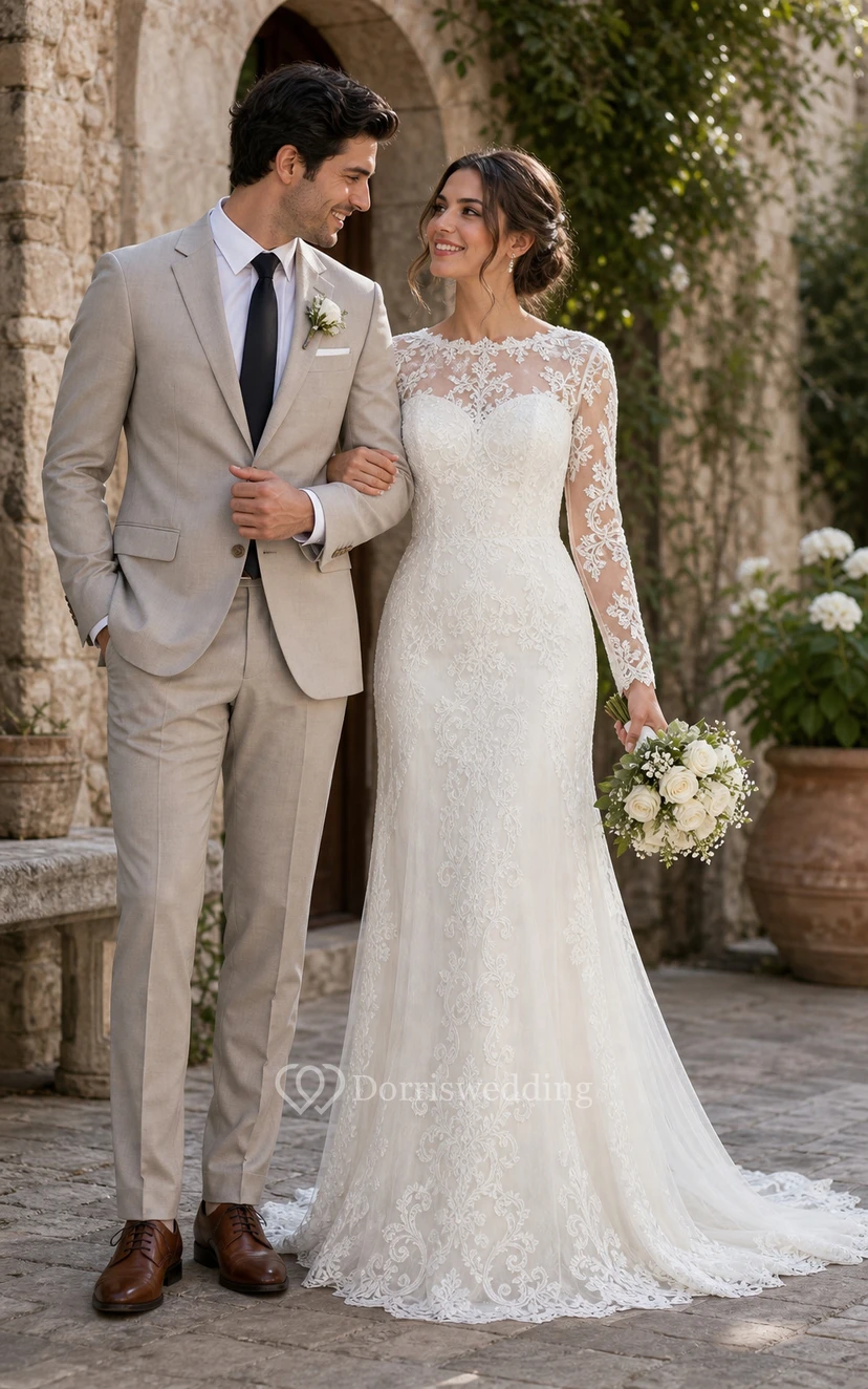 Sheath Long-Sleeve High Neck Tulle&Lace Wedding Dress With Sweep Train