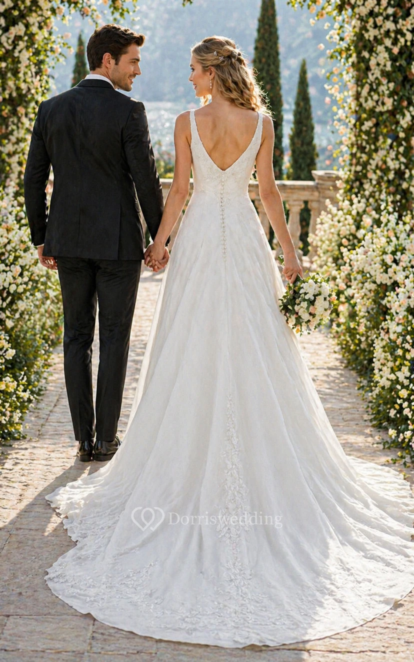 Brautkleid in A-Linie mit V-Ausschnitt, Spitzenapplikationen, Chiffon, gerafftem Oberteil und Schleppe view 2