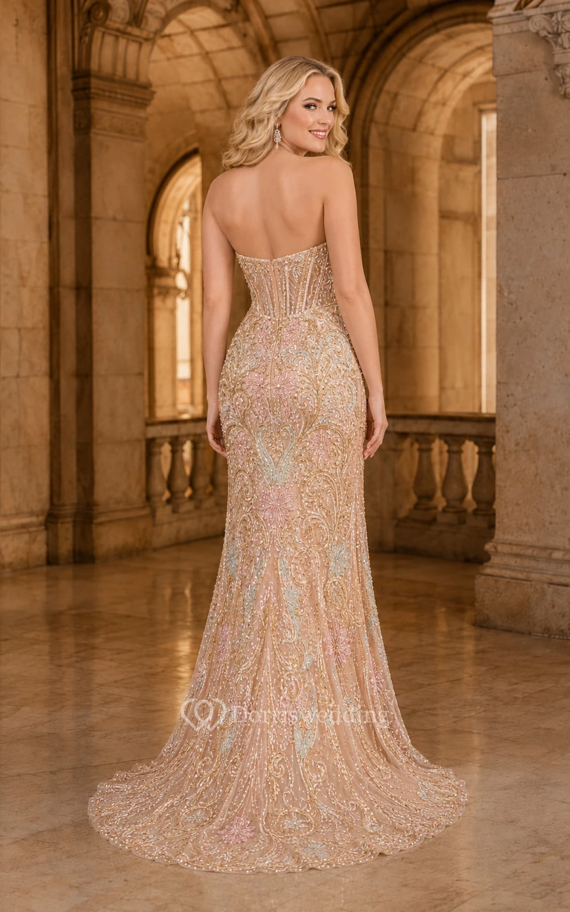 Robe de soirée sirène champagne sans bretelles, ornée de perles, avec décolleté en cœur et fente. view 2