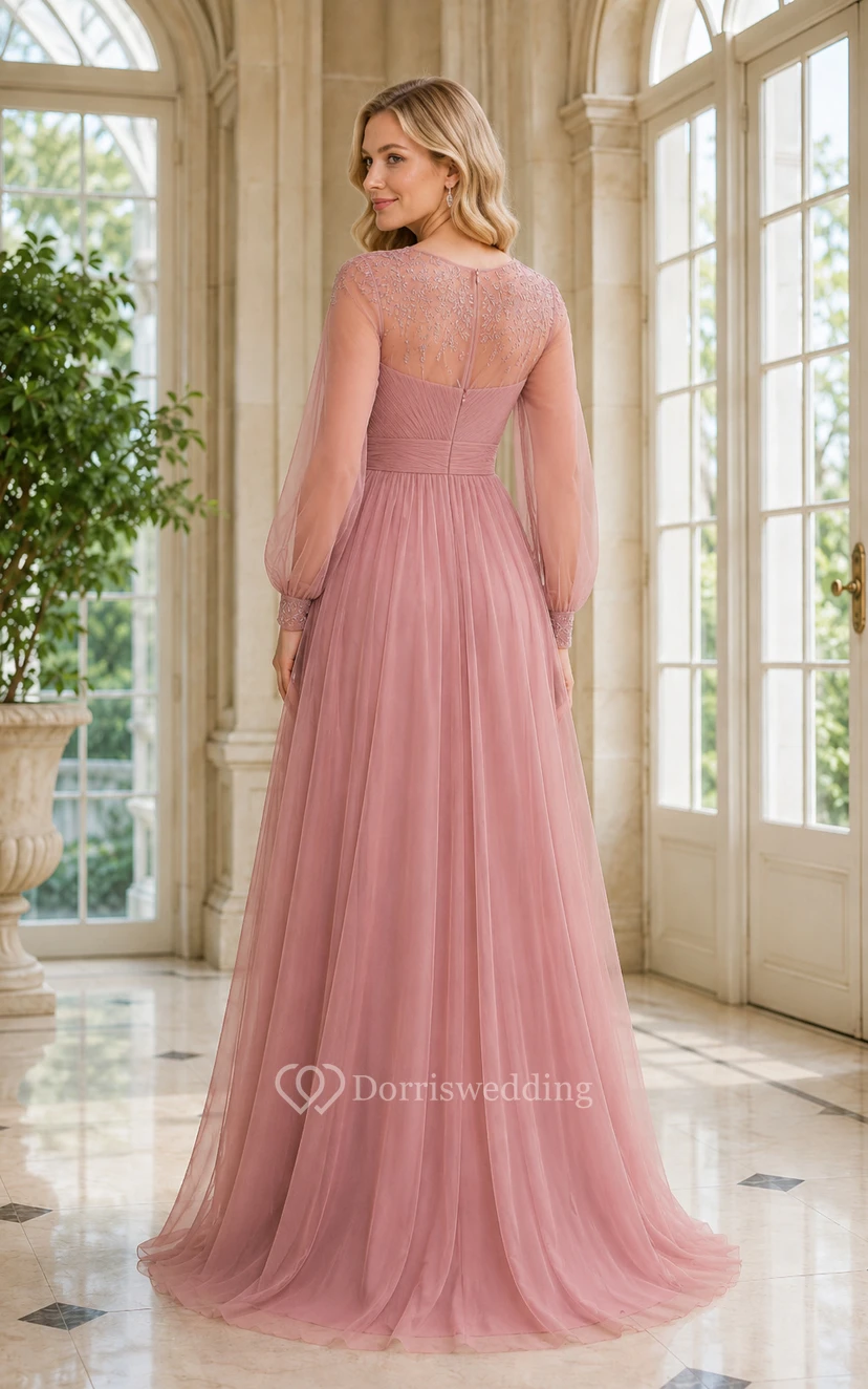 Vestido formal de corte A, de tul, manga larga y color rosa empolvado, con corpiño de encaje, ideal para la madre de la novia y eventos de invitadas a la boda. view 2